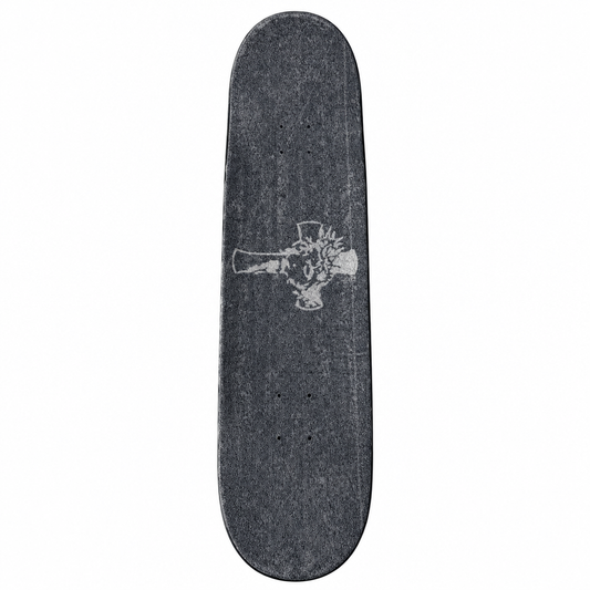 Gray grip-tape skateboard deck with hand-painted cross artwork, centered on white