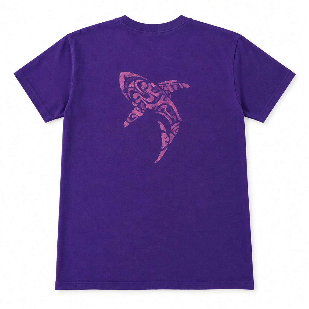 Purple T-shirt with bleach-painted tribal shark on the back