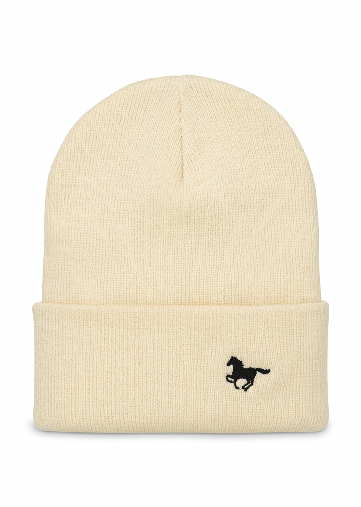 White White Sable Studios cuffed knit beanie with a black horse detail