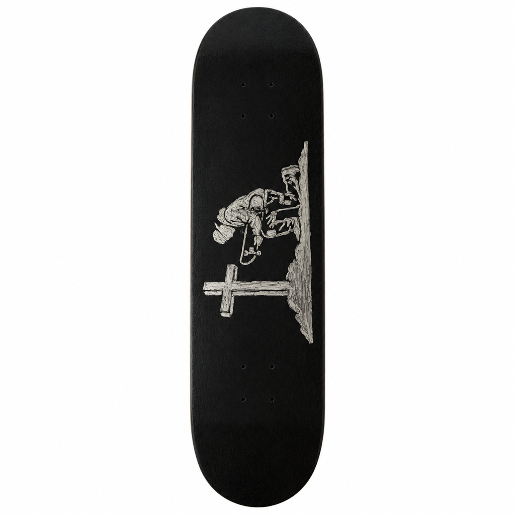 Black skateboard deck with white hand-painted skater and cross artwork, centered on white