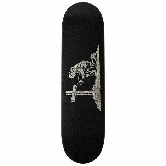 Black skateboard deck with white hand-painted skater and cross artwork, centered on white
