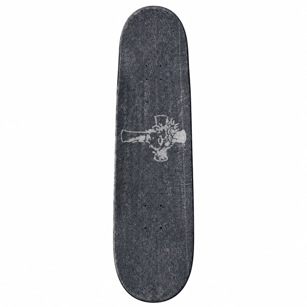 Gray grip-tape skateboard deck with hand-painted cross artwork, centered on white