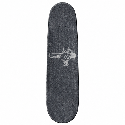Gray grip-tape skateboard deck with hand-painted cross artwork, centered on white