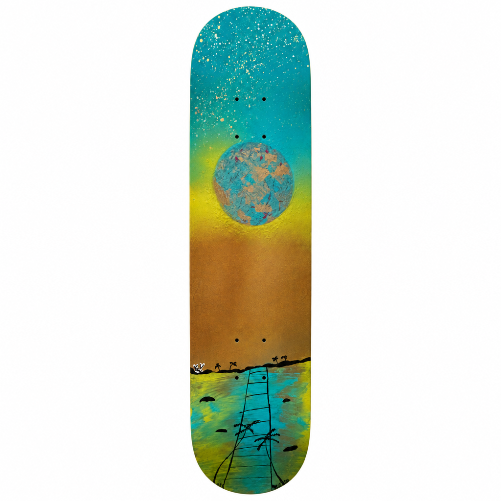 Kasen hand-painted planet horizon artwork on 7.75-inch skateboard deck