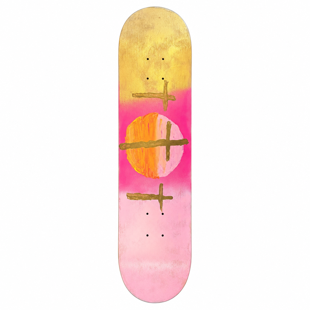 Pink and yellow skateboard deck with cross artwork on a white background