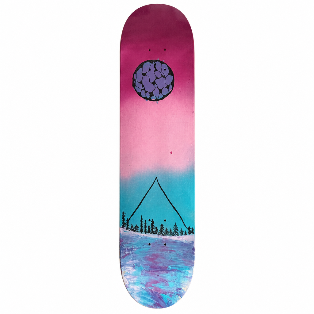 Pink and teal skateboard deck with moon and mountain landscape on a white background