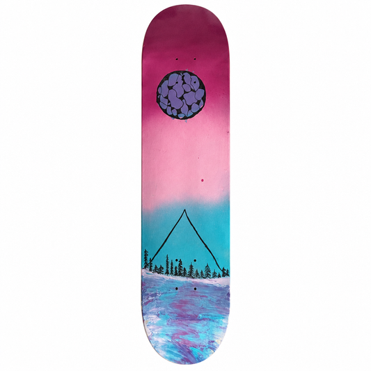 Pink and teal skateboard deck with moon and mountain landscape on a white background