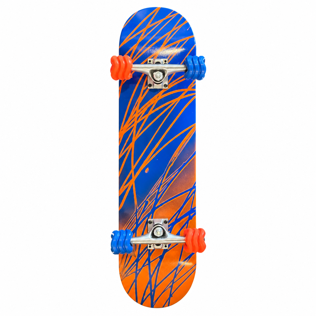 Blue and orange complete skateboard with trucks and wheels on a white background