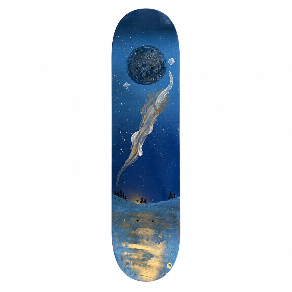 Deep-blue skateboard deck with moon and space artwork on a white background