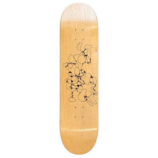 Natural wood skateboard deck with black abstract linework on a white background