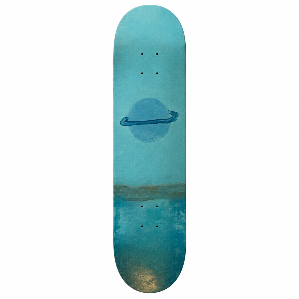 Blue-green planet artwork on a 7.75-inch skateboard deck against white