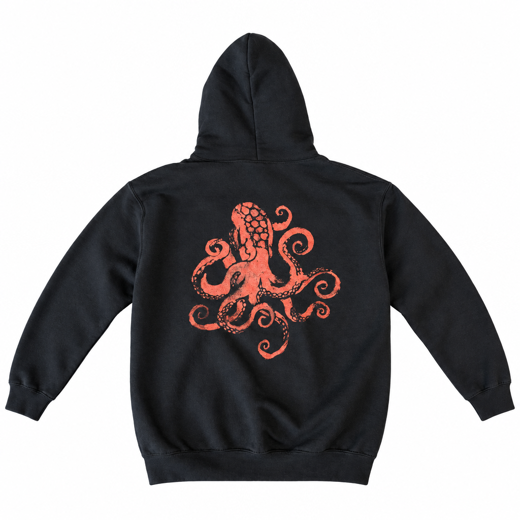 Back view of black hoodie with coral-toned octopus artwork on a white background