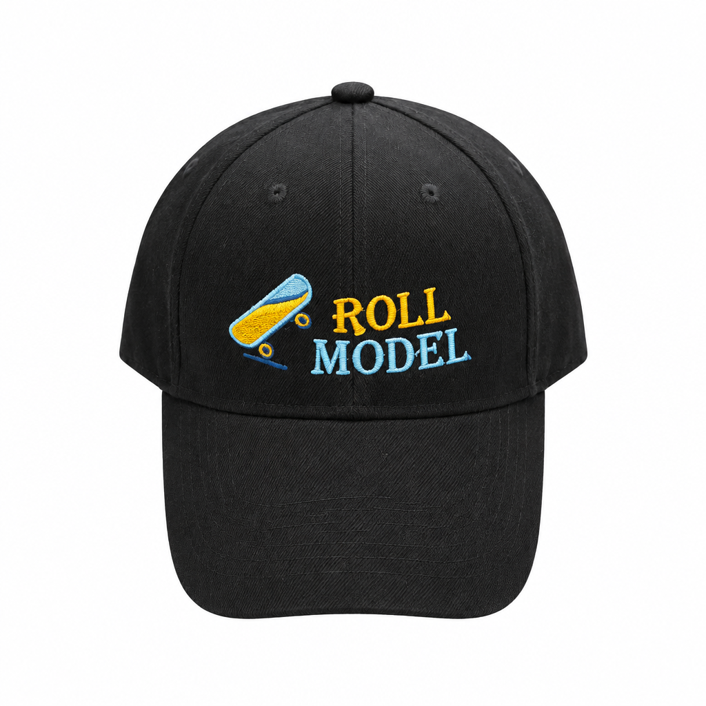 Black cap with embroidered Roll Model lettering and skateboard graphic on a white background