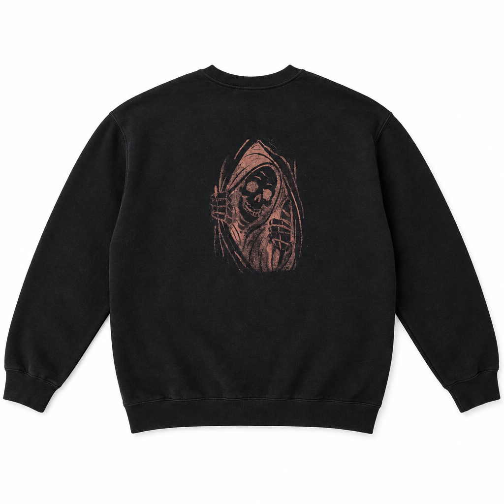 Black crewneck sweatshirt with hand-painted grim reaper on the back