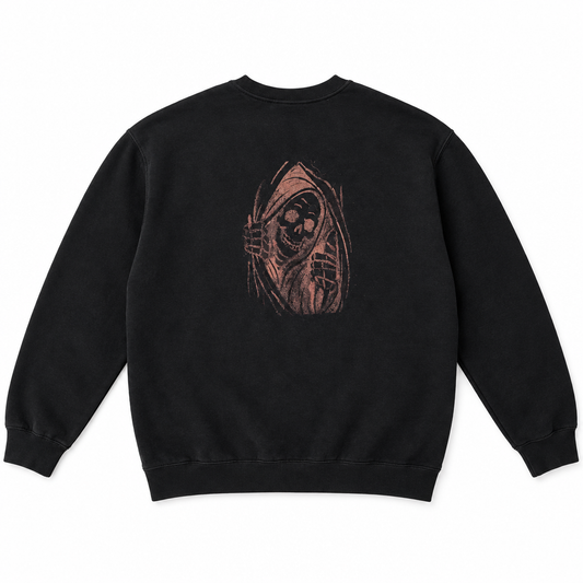 Black crewneck sweatshirt with hand-painted grim reaper on the back