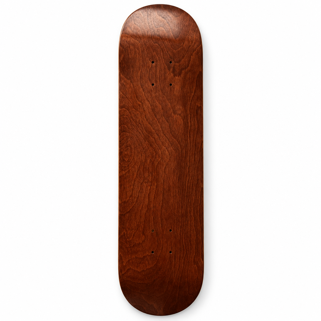 7.75 inch walnut-stained maple skateboard deck hand stained by Anastasia